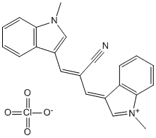 Molecular Structure of 105754-81-2 (3H-Indolium,3-[2-cyano-3-(1-methyl-1H-indol-3-yl)-2-propenylidene]-1-methyl-,perchlorate)